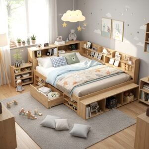 Multifunctional Kids Double Bed Drawers, Bookcase Storage, Natural Slatted Frame - Image 4