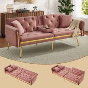2 Seater Sofa Bed Adjustable Backrest Cup Holder, Gold Accent - Image 6