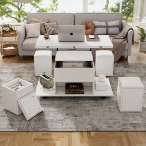 White Lift Up Foldable 100cm Coffee Table With Storage & 4 Stools - Image 7