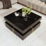 Living Room Coffee Table High Gloss Gold Accents With Drawer Storage