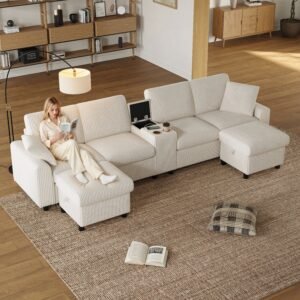 Luxury Corduroy U-Shape Sectional Sofa Ottoman With USB & Cup Holder - Beige - Image 2