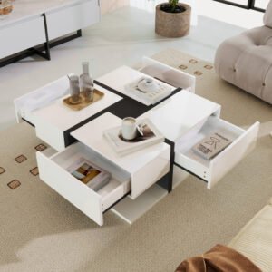 Square Line Unique Design Coffee Table, 4 Drawers, Bottom Storage - Image 4