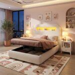 White Boucle Single Kids Bed Hydraulic Storage LED Headboard
