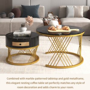 2-in-1 Round Marble Effect Coffee Table Rattan Gold Legs - Image 10