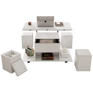 White Lift Up Foldable 100cm Coffee Table With Storage & 4 Stools - Image 2