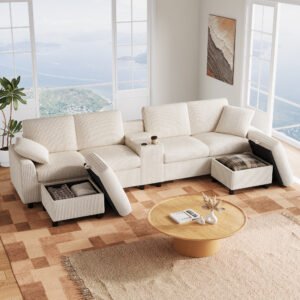 Luxury Corduroy U-Shape Sectional Sofa Ottoman With USB & Cup Holder - Beige - Image 3