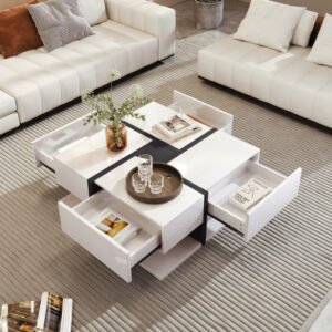 Square Line Unique Design Coffee Table, 4 Drawers, Bottom Storage - Image 2