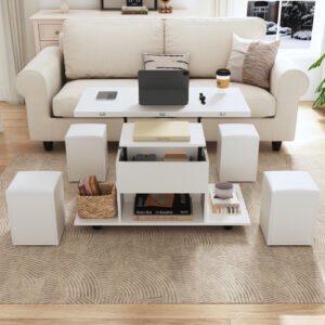 White Lift Up Foldable 100cm Coffee Table With Storage & 4 Stools - Image 3