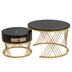 2-in-1 Round Marble Effect Coffee Table Rattan Gold Legs - Image 5