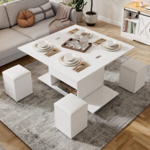 White Lift Up Foldable 100cm Coffee Table With Storage & 4 Stools - Image 4