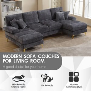 Chenille U-Shaped Sectional Sofa Double Chaise Modular Living Room - Image 10