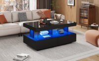 High Gloss Black Coffee Table With LED Light, 2 Drawer Storage - Image 5
