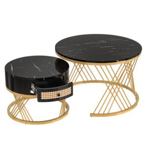 2-in-1 Round Marble Effect Coffee Table Rattan Gold Legs - Image 6