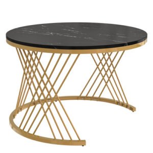 2-in-1 Round Marble Effect Coffee Table Rattan Gold Legs - Image 2
