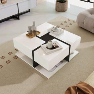 Square Line Unique Design Coffee Table, 4 Drawers, Bottom Storage - Image 6