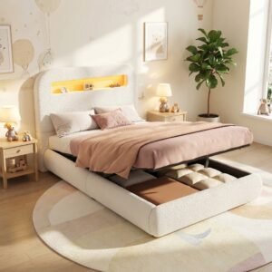 White Boucle Single Kids Bed Hydraulic Storage LED Headboard - Image 4