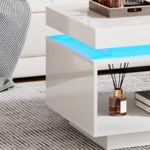 High Gloss White Coffee Table RGB LED Drawer Storage - Image 8