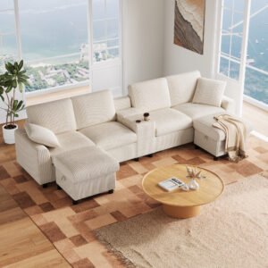 Luxury Corduroy U-Shape Sectional Sofa Ottoman With USB & Cup Holder - Beige - Image 5