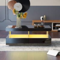 High Gloss Black Coffee Table With LED Light, 2 Drawer Storage - Image 3