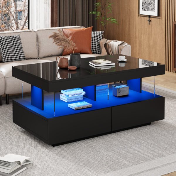 High Gloss Black Coffee Table With LED Light, 2 Drawer Storage