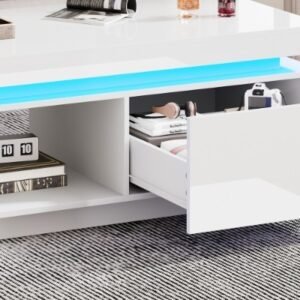 High Gloss White Coffee Table RGB LED Drawer Storage - Image 5