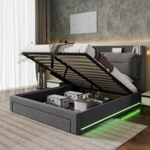 King Size Velvet Upholstered Bed Hydraulic Storage LED Lights - Image 5