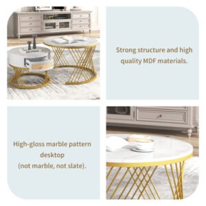 2-in-1 Round Marble Effect Coffee Table Rattan Gold Legs - Image 7