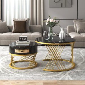 2-in-1 Round Marble Effect Coffee Table Rattan Gold Legs - Image 8